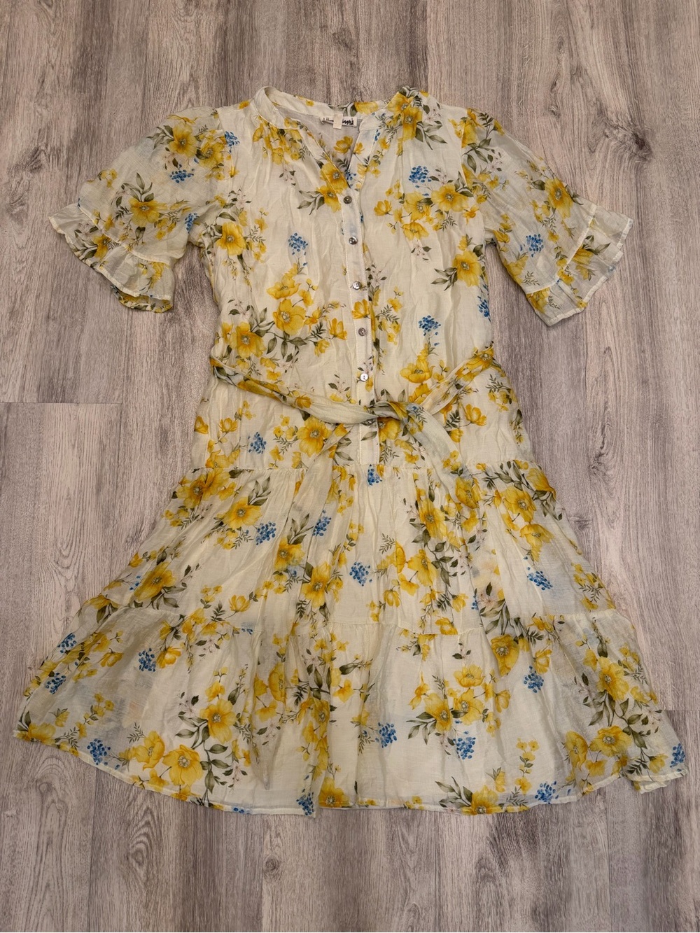 Hope Springs Yellow Floral Tiered Midi Dress Size Small Belted